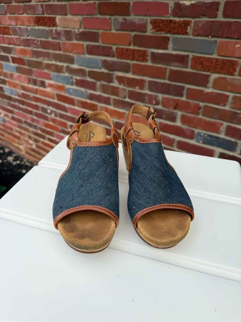 Clarks Denim and Brown Leather Open-Toe Wedge Sandals